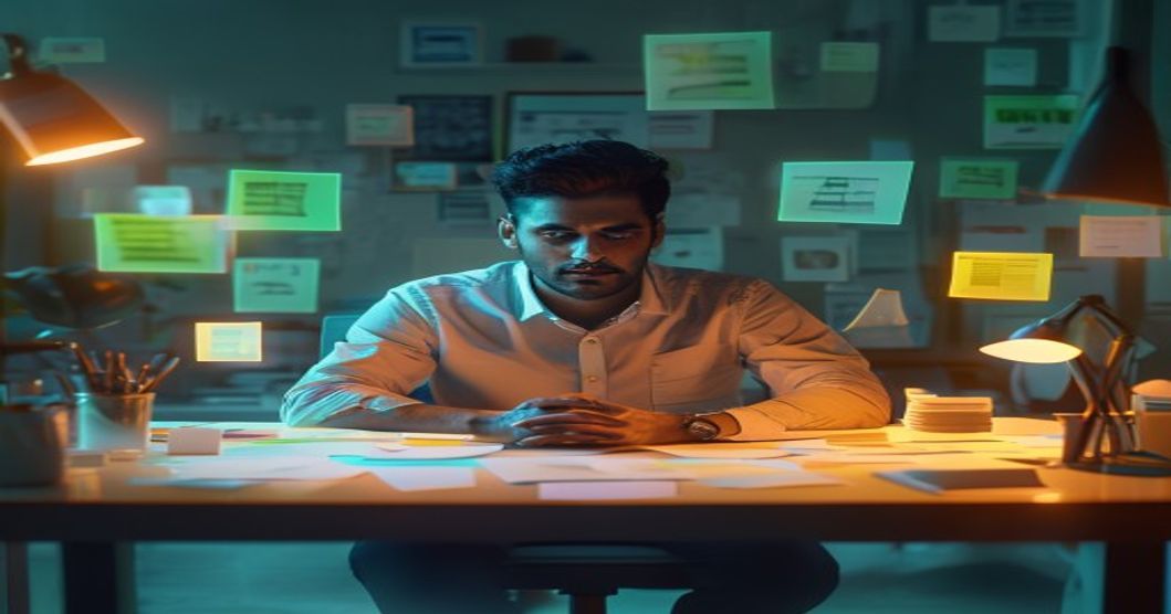 Startup founder clearing a backlog of pending decisions visualized as floating holographic notes