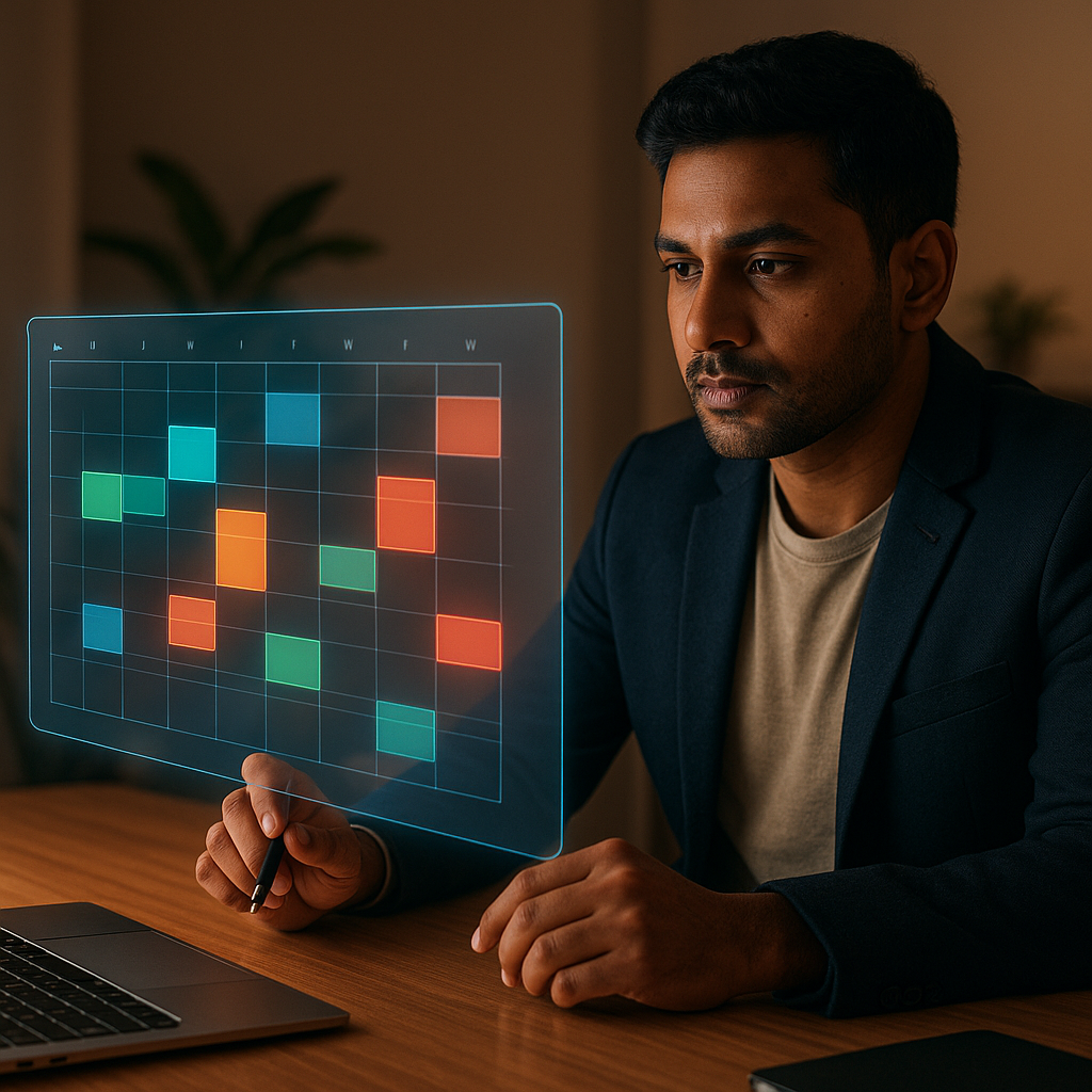 Startup founder auditing a color-coded weekly calendar to identify time-block drift and reclaim high-leverage hours
