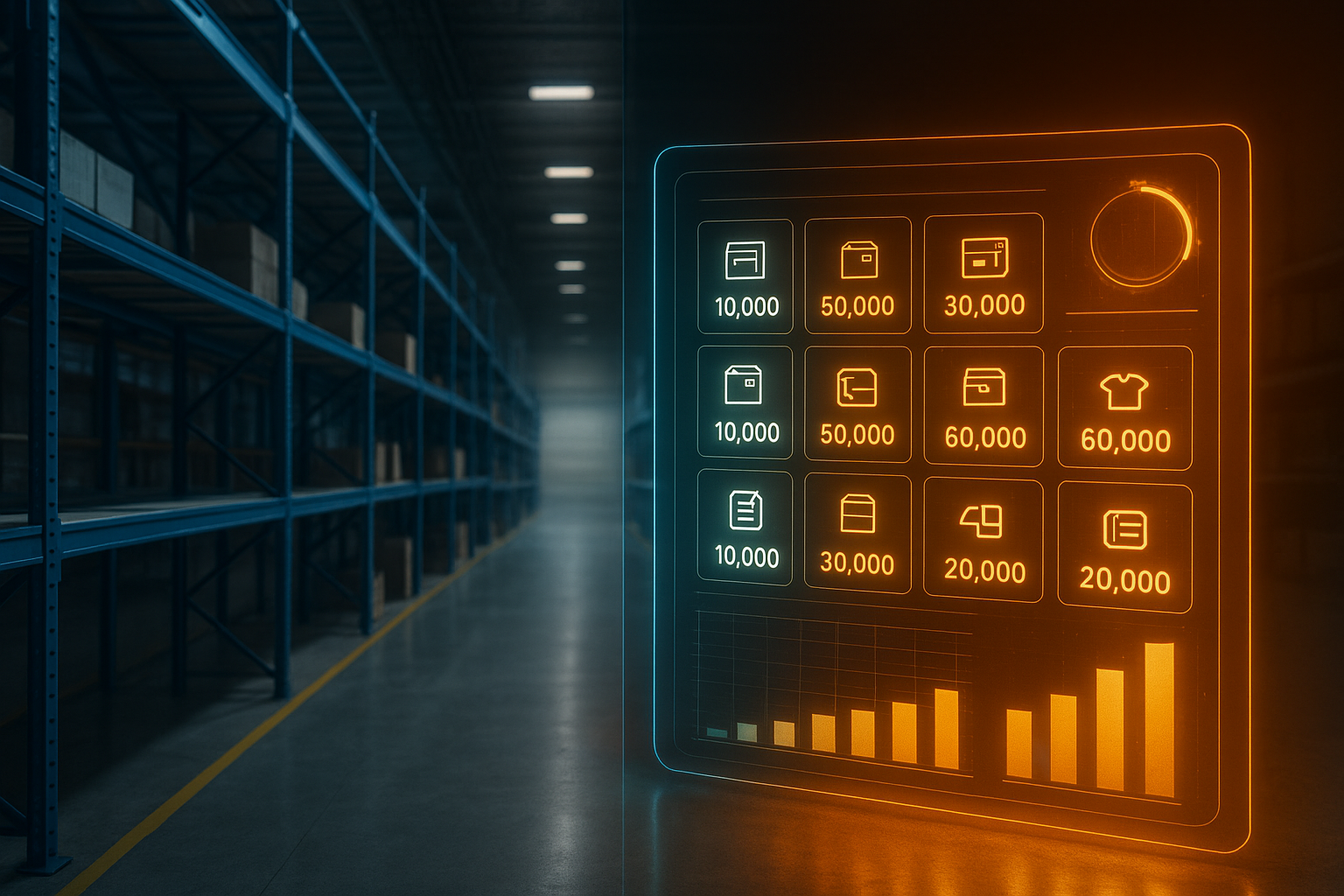 Warehouse shelves contradicting a digital inventory dashboard illustrating phantom inventory syndrome in eCommerce