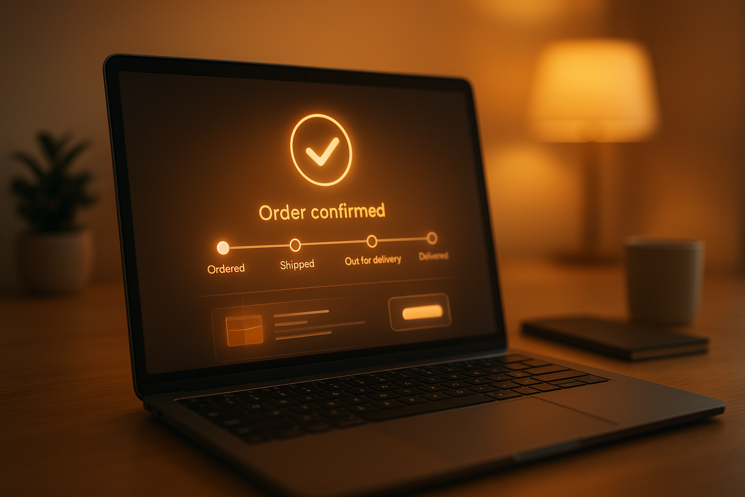 eCommerce thank-you page with dynamic order tracking and upsell offer displayed on a laptop in a warm workspace