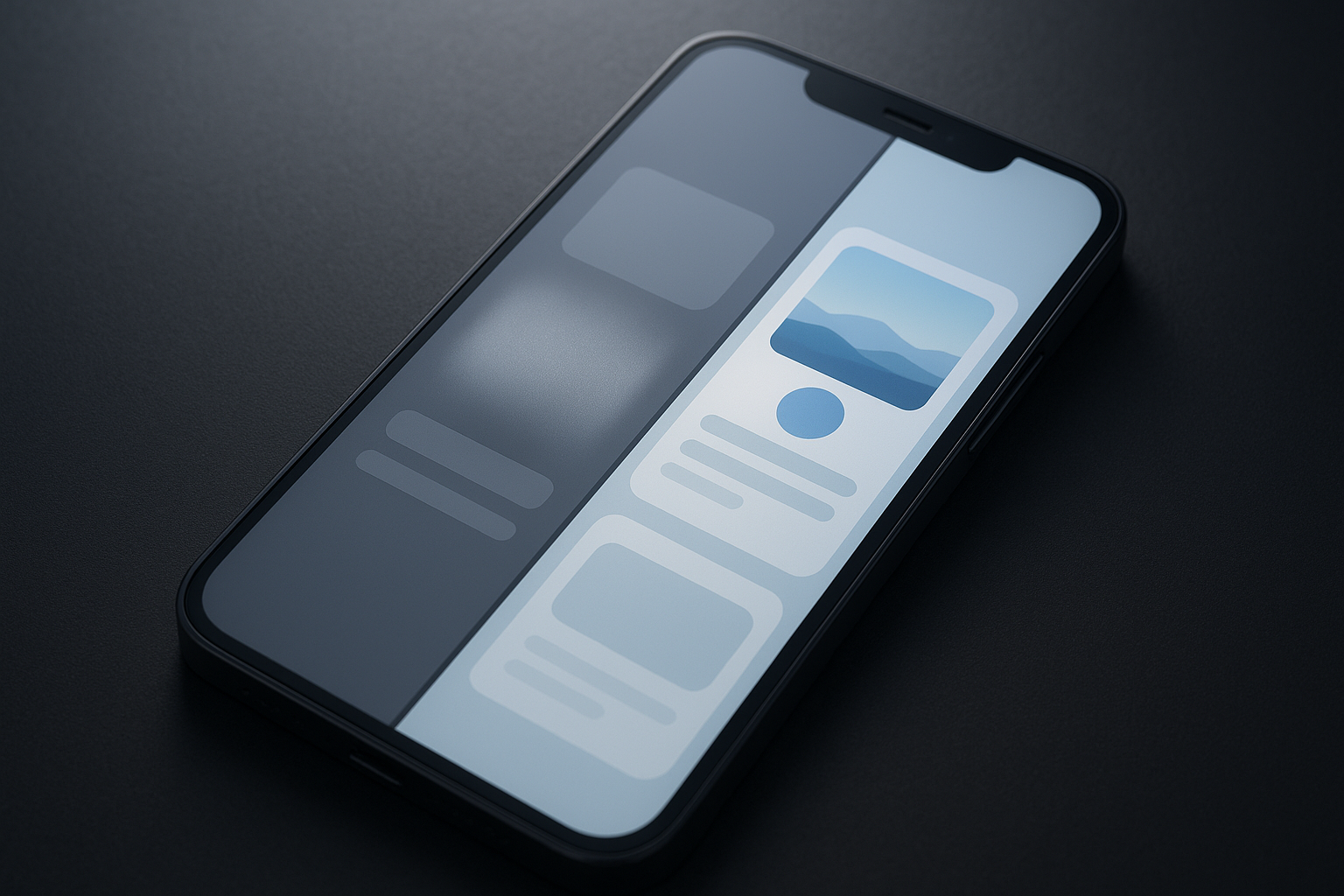 Smartphone showing mismatched skeleton loading placeholders next to final rendered content cards demonstrating dimensional drift