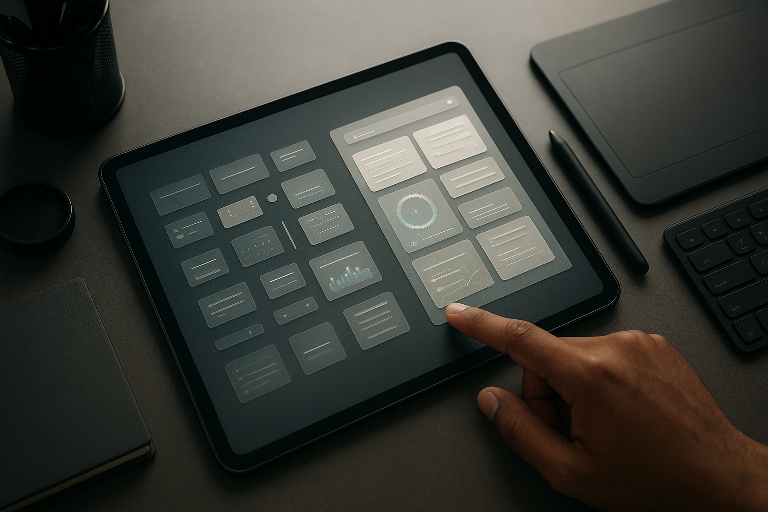 Side-by-side comparison of a chaotic ungrouped layout versus a clean Gestalt-grouped layout on a designer's tablet