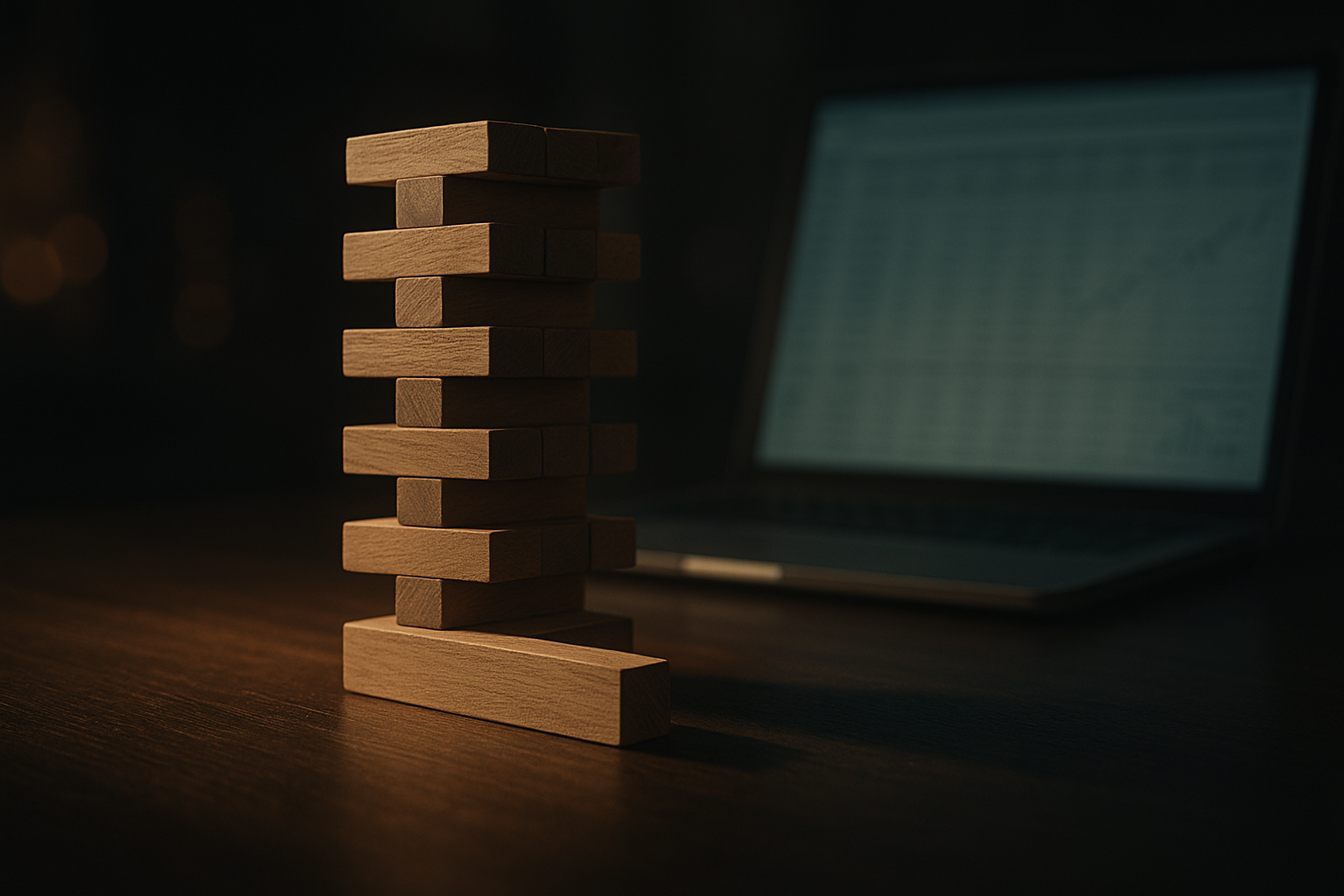 A precarious tower balancing on one oversized base block, symbolizing revenue concentration risk in startups