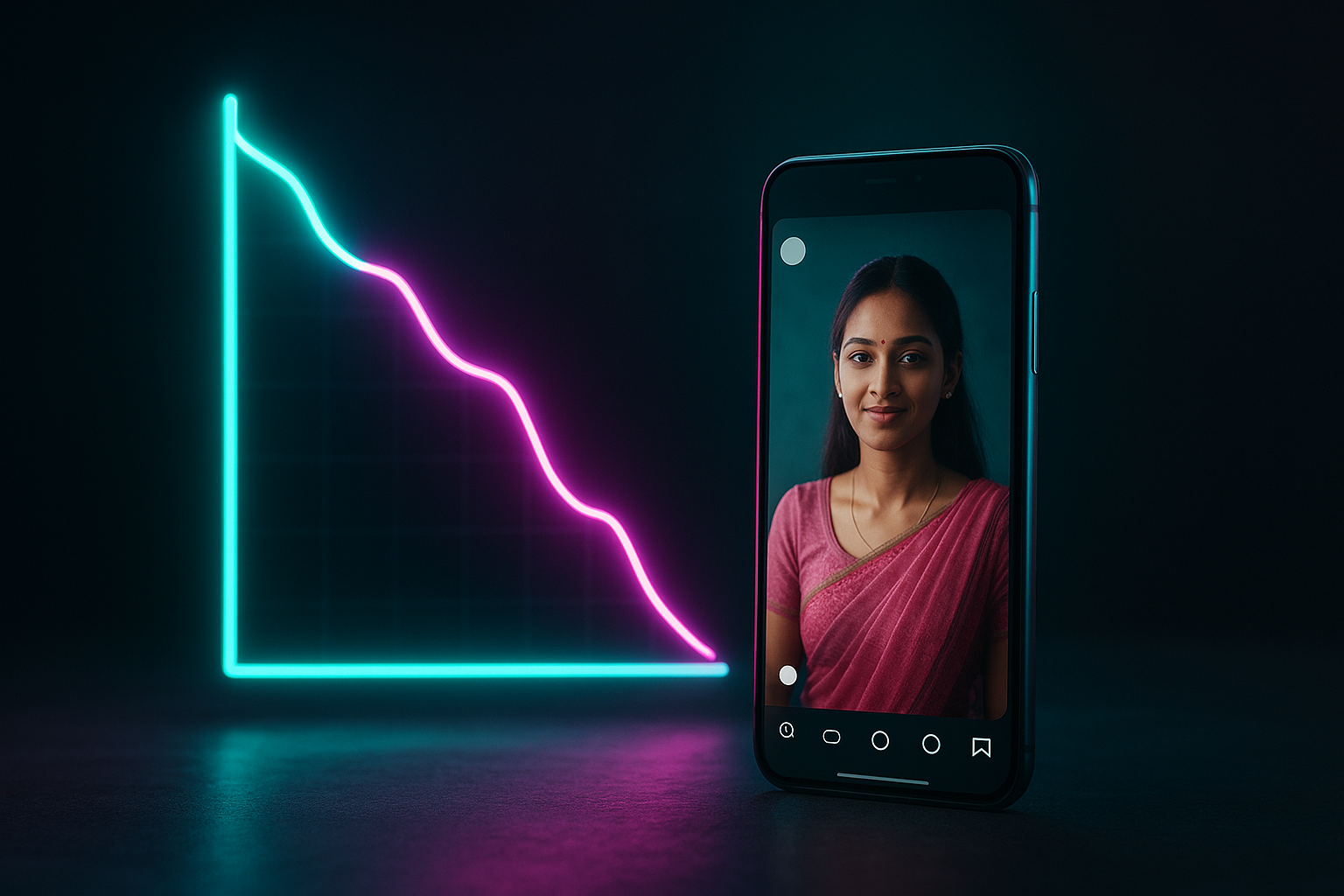 A glowing retention graph falling off a cliff beside a smartphone playing a vertical Reel, illustrating dwell time decay in short-form video