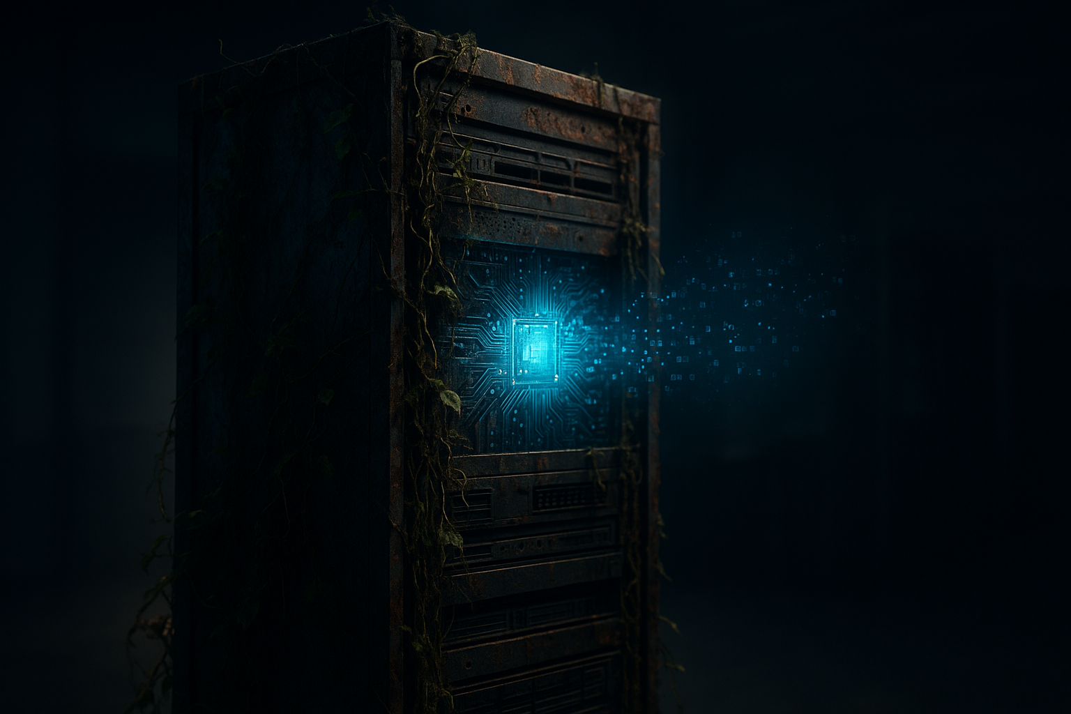 A server rack decaying with drifting code fragments illustrating dependency drift rot in website maintenance