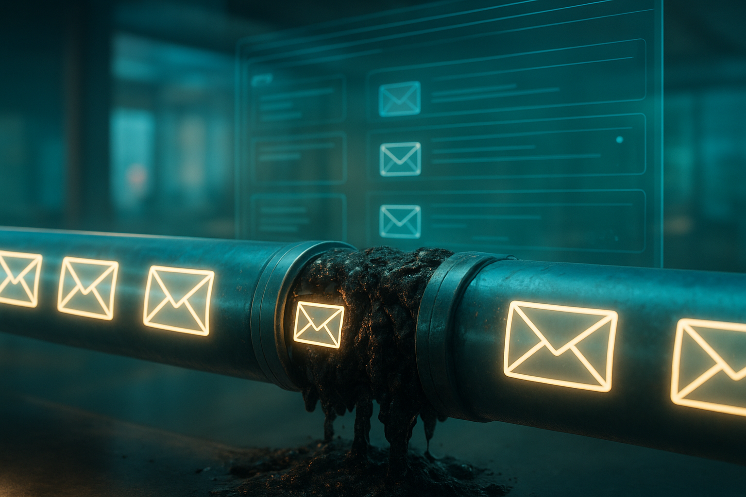 Visualization of email list sludge clogging an inbox deliverability pipeline