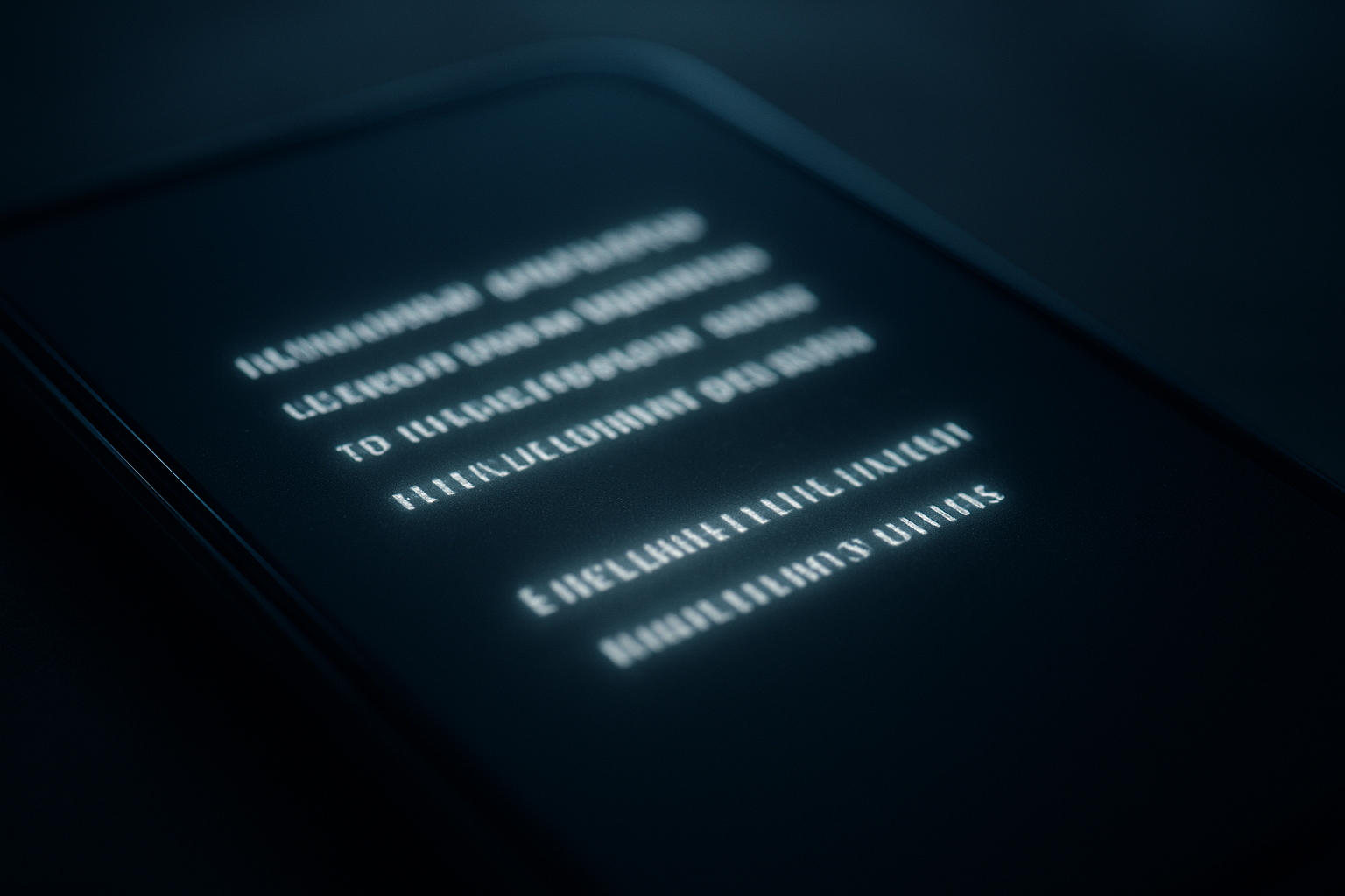 White text glowing with halation effect on a dark OLED phone screen in a dim room