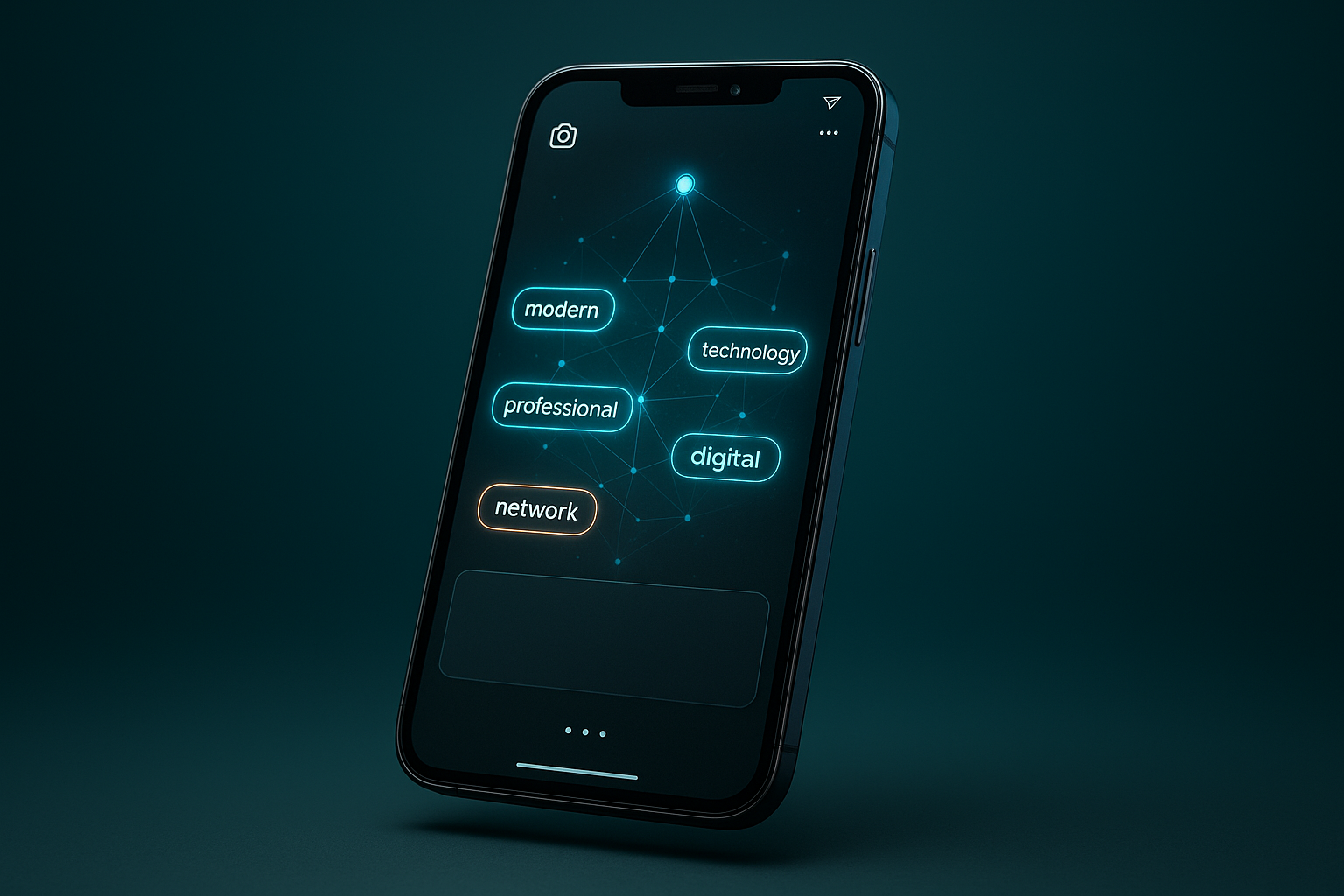 Instagram caption interface showing semantic keyword highlights connected to a topic classification vector