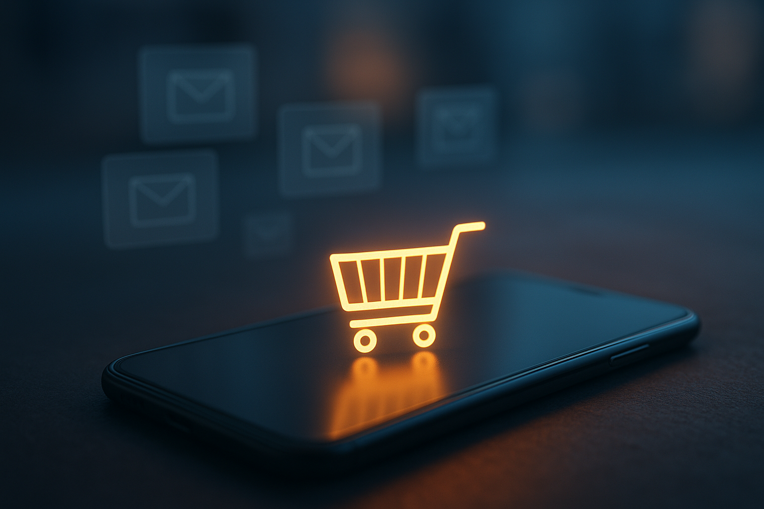 Smartphone showing an abandoned cart surrounded by fading repetitive recovery email notifications illustrating recovery fatigue