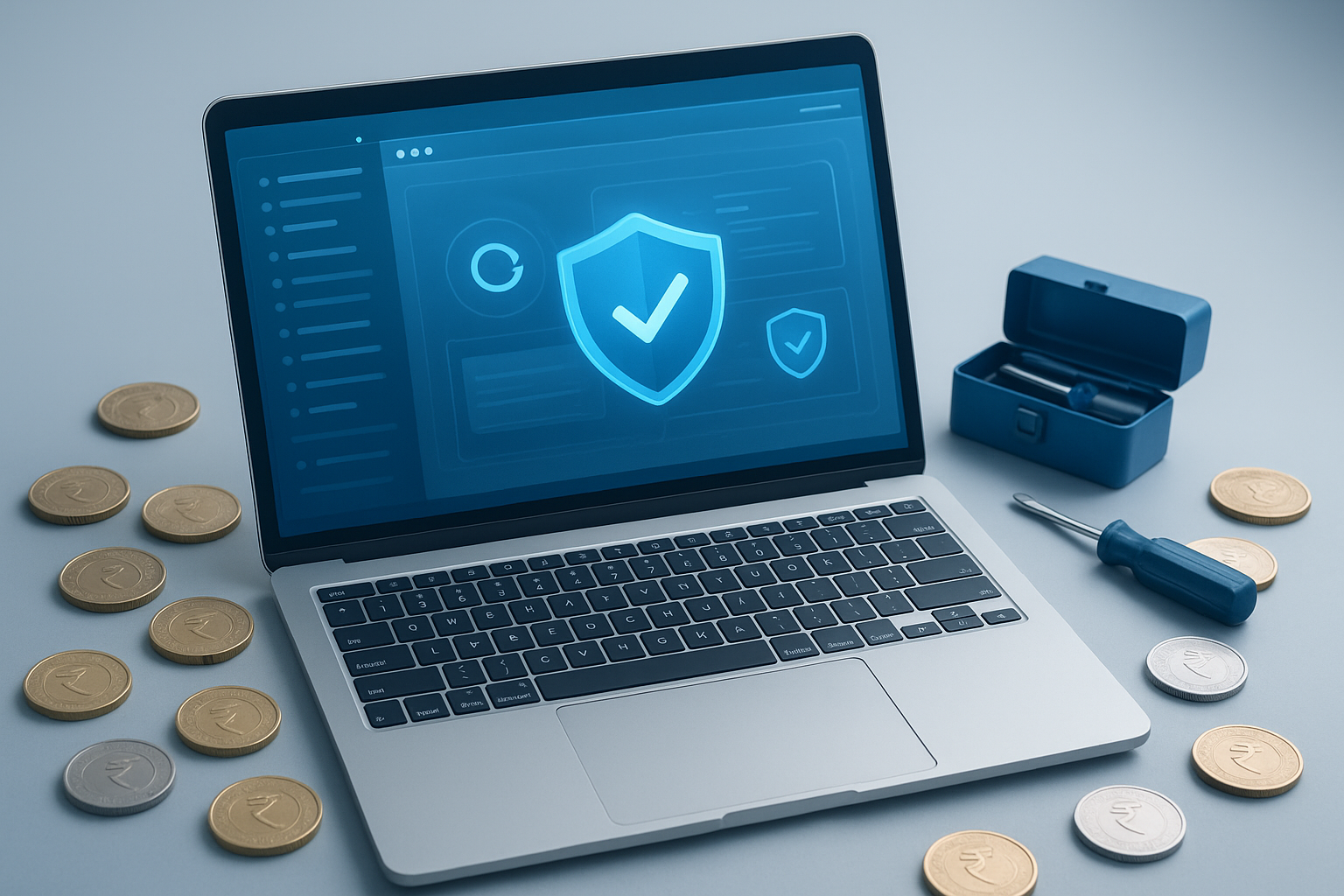 Laptop showing WordPress maintenance dashboard with security shields and Indian rupee coins representing monthly retainer costs