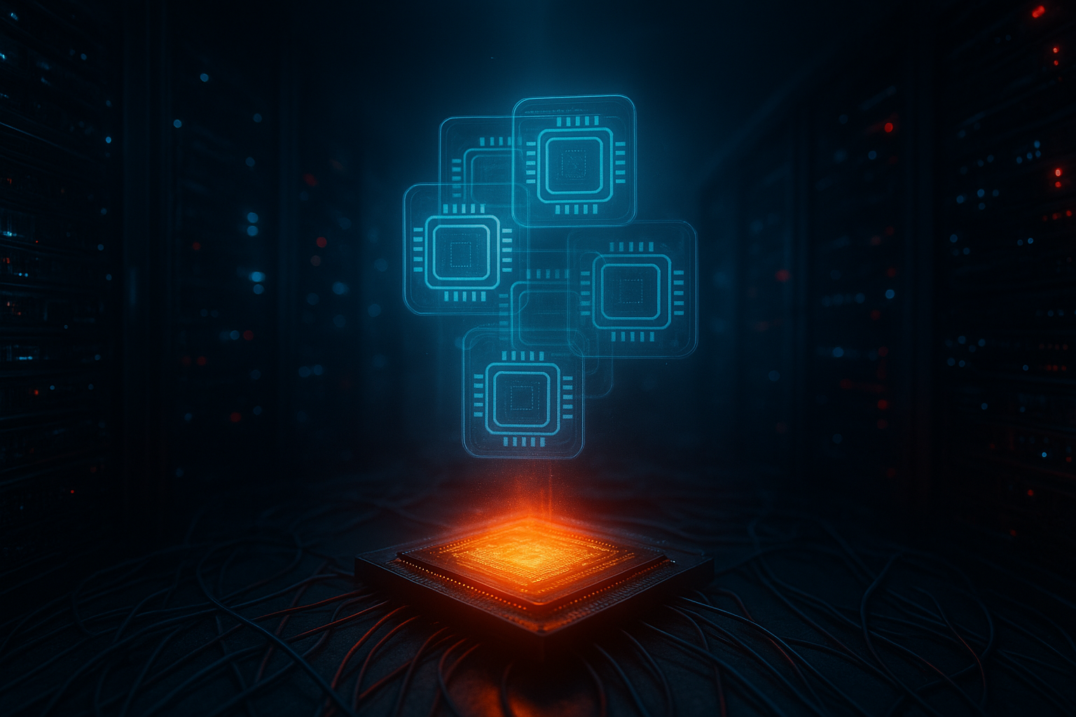 Overlapping ghost processes stacking on an overheating server CPU illustrating cron job zombie buildup